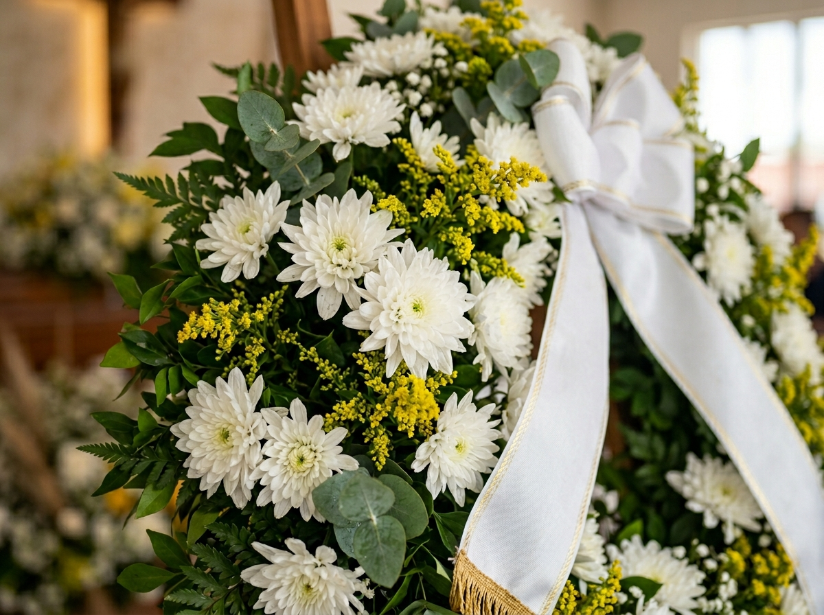 Detalhe das flores naturais e da faixa de uma coroa produzida pela Neyde Flores
