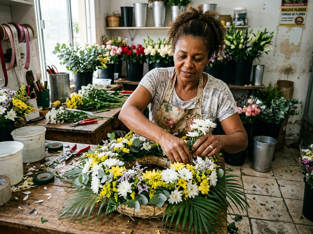 Montagem artesanal de coroa de flores na Neyde Flores
