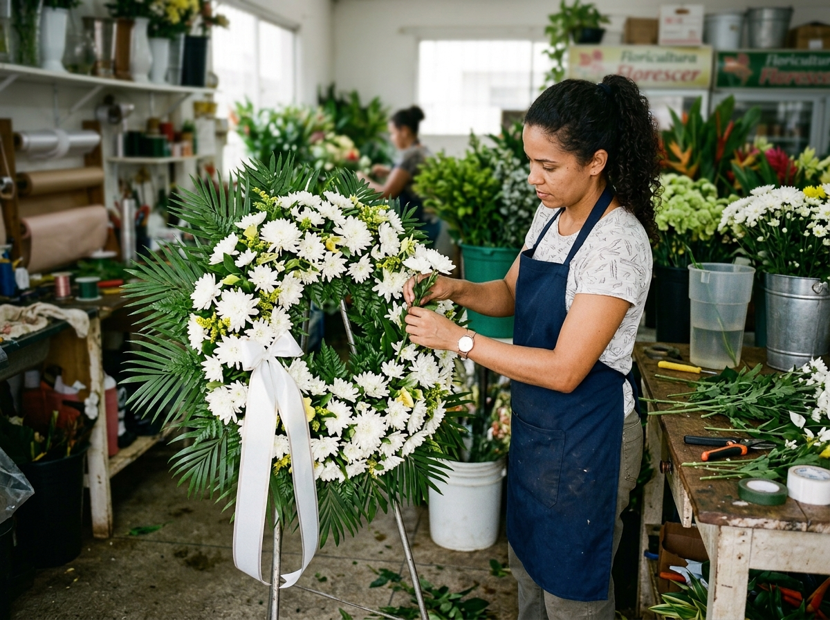 Preparação de coroa de flores para entrega em Maceió